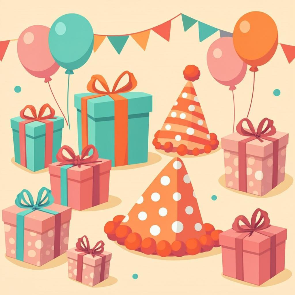 A festive spread of birthday party supplies — balloons, banners, party hats and goodie bags